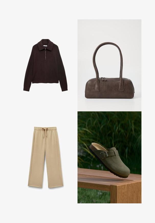 Brauner Strickpullover mit weitem Kragen, halber Reißverschluss vorne und überschnittenen Schultern. Hat eine Rippstruktur und eine verkürzte Länge.; Beige weite Sweathosen mit einem elastischen Bund, verstellbarem Kordelzug und Seitentaschen; weicher Stoff mit glatter Textur.; Grüne Wildleder-Mules mit einer abgerundeten Spitze, verstellbarem Metallverschluss und einem konturierten Korkfußbett. Strukturierte Sohle auf einer Holzoberfläche.; Braune Lederhandtasche mit zwei stabilen Griffen, rechteckiger Form, glatter Oberfläche und Reißverschluss. Minimalistisches Design ohne sichtbare Muster.
