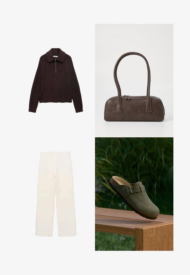 Hnedý pletený sveter so širokým golierom, polovičným zipsom na prednej strane a zosadenými ramenami. Má rebrovanú textúru a skrátenú dĺžku.; Široké nohavice z krémovej látky. Hladká textura s elastickým pásom. Žiadne viditeľné švy ani kovové prvky. Jednoduchý, minimalistický dizajn.; Zelené semišové klintové papuče s okrúhlou špičkou, nastaviteľnou kovovou prackou a tvarovanou korkovou stielkou. Textúrovaná podrážka na drevenom povrchu.; Hnedá kožená kabelka s dvoma pevným uchami, obdĺžnikovým tvarom, hladkým povrchom a zipsovým uzáverom. Minimalistický dizajn bez viditeľných vzorov.