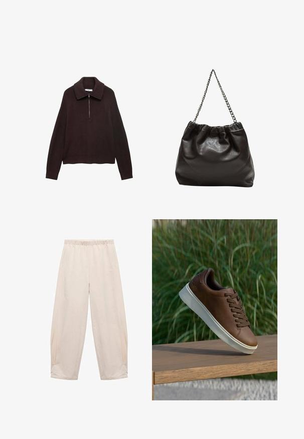 Hnedý pletený sveter so širokým golierom, polovičným zipsom na prednej strane a zosadenými ramenami. Má rebrovanú textúru a skrátenú dĺžku.; Teplákové nohavice s elastickým pásom v svetlo béžovej farbe. Vyrobené z jemnej látky, s bočnými vreckami a uvoľneným, voľným strihom. Zúžené pri členkoch.; Hnedé kožené tenisky s bielou gumovou podrážkou, zaoblenou špičkou a hnedými šnúrkami. Textúrovaný grip na podrážke a hladký povrch na vrchnej časti.; Hnedá kožená taška so zberaným vrchom a reťazovým popruhom. Hladký povrch s lesklým finišom a jemným švom po stranách.