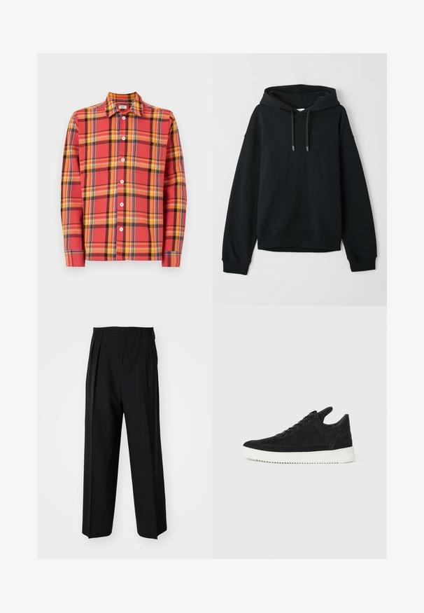 Juodas džemperis, pagamintas iš minkšto medvilnės mišinio. Pasižymi su dviem virvelėmis reguliuojama kapuce, apsauginiais rankogaliais ir apačia, su subtiliu logotipu ant krūtinės.; Raudonas ir geltonas langelių modelio marškiniai su ilgomis rankovėmis, turintys baltus mygtukus ir klasiką apykaklę. Minkšta medvilnė su matomu tekstūru.; Juodi klostuoti kelnių, su tiesiu, plačiu kojų dizainu. Pagaminti iš lygios medžiagos, su mygtukų uždarymu ir diržo kilputėmis.; Juodų suede sportbačių su balta gumine padu, su toniniais siuvinėjimais ir raištelių užsegimu. Sklandus paviršius su šiuolaikine, laiko forma.