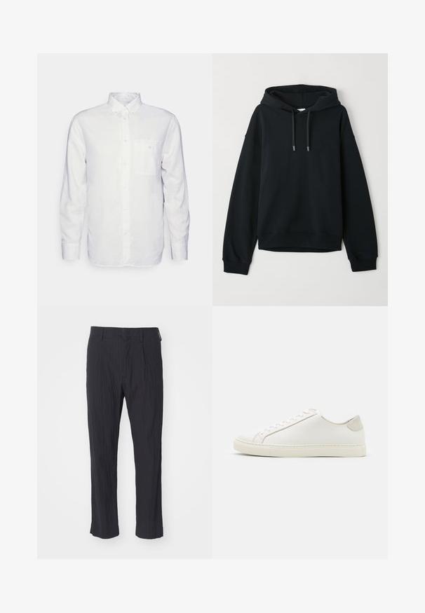 Hanorac negru dintr-un amestec moale de bumbac. Are un glugă cu șnur, manșete și tiv cu nervuri, iar pe piept se află un logo subtil.; Cămașă albă cu mânecă lungă, confecționată din bumbac, având un guler cu nasturi, un buzunar în față și o croială normală. Material texturat cu o suprafață netedă.; Pantaloni negri plisati dintr-un material texturat, cu un design pe picior drept și talie standard. Fără buzunare sau accesorii vizibile.; Tenisii albi din piele cu o suprafață netedă, vârf rotund și un design minimalist. Prezintă accente bej pe toc și o talpă din cauciuc.