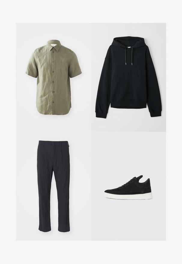 Hanorac negru dintr-un amestec moale de bumbac. Are un glugă cu șnur, manșete și tiv cu nervuri, iar pe piept se află un logo subtil.; Cămașă verde măslinie cu mânecă scurtă, confecționată dintr-un material texturat, având un guler și un închidere cu butoane, cu cusături vizibile și un tiv curbat.; Pantaloni negri plisati dintr-un material texturat, cu un design pe picior drept și talie standard. Fără buzunare sau accesorii vizibile.; Sneakers negre din suede cu o talpă din cauciuc albă, prezentând cusături tonale și un design cu șireturi. Textură netedă cu o formă modernă și aerodinamică.