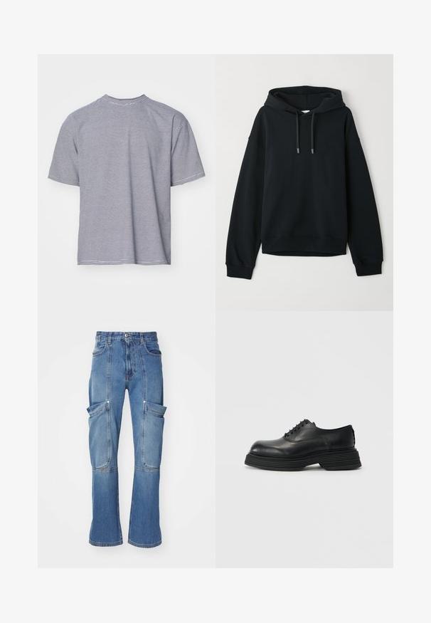 Sudadera negra hecha de una suave mezcla de algodón. Cuenta con una capucha ajustable con cordón, puños y dobladillo acanalados, y un sutil logotipo en el pecho.; Camiseta de rayas con mangas cortas, que presenta finas rayas horizontales en azul marino y blanco, cuello redondo y un ajuste relajado.; Pantalones cargo de mezclilla en azul claro con cintura alta, múltiples bolsillos laterales y piernas acampanadas, con costuras en contraste y cierre de cremallera.; Zapatos de cuero negro con punta redondeada, que cuentan con una suela gruesa y estratificada y un diseño de cordones tradicional. Textura suave con un mínimo de detalles.