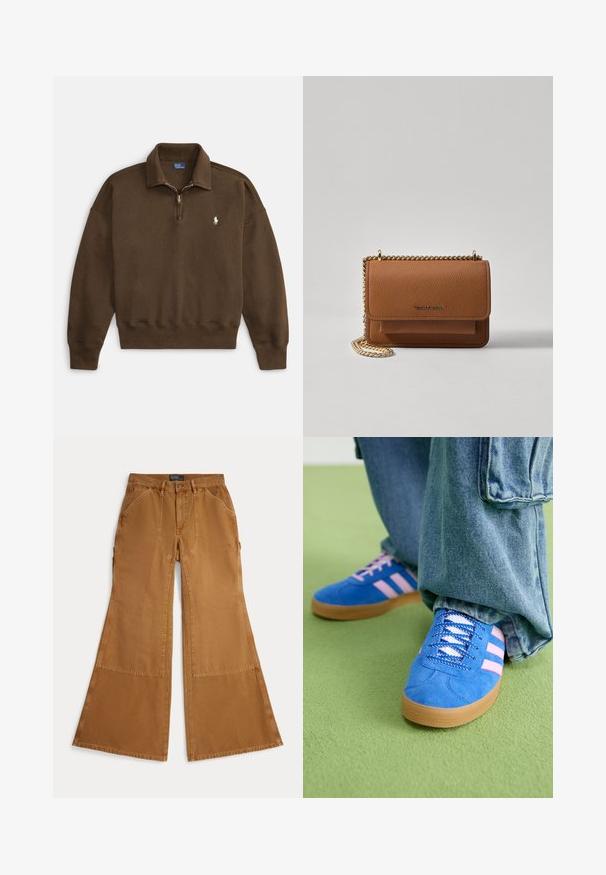 Rudos spalvos megztinis su užtrauktuku prie kaklo, ribbed rankogaliai ir apačia, su mažu baltu logotipu kairėje krūtinės pusėje. Minkšta, tekstūruota medžiaga.; Rudos plačios medvilninės kelnės su kišenėmis, sagomis ir kampuotomis kišenėmis priekyje. Lygi tekstūra, kasdienis dizainas.; Mėlyni zomšiniai bateliai su rožinėmis juostelėmis ir baltais raišteliais, turintys guminį padą, derinami su laisvais džinsiniais kelnais ant žalios paviršiaus.; Ruda tekstūruota odinė per petį nešama rankinė su auksiniu grandininiu dirželiu ir užlenkiamo užsegimo. Priekinėje pusėje yra logotipo detalė ir kišenė po užlenkimu.