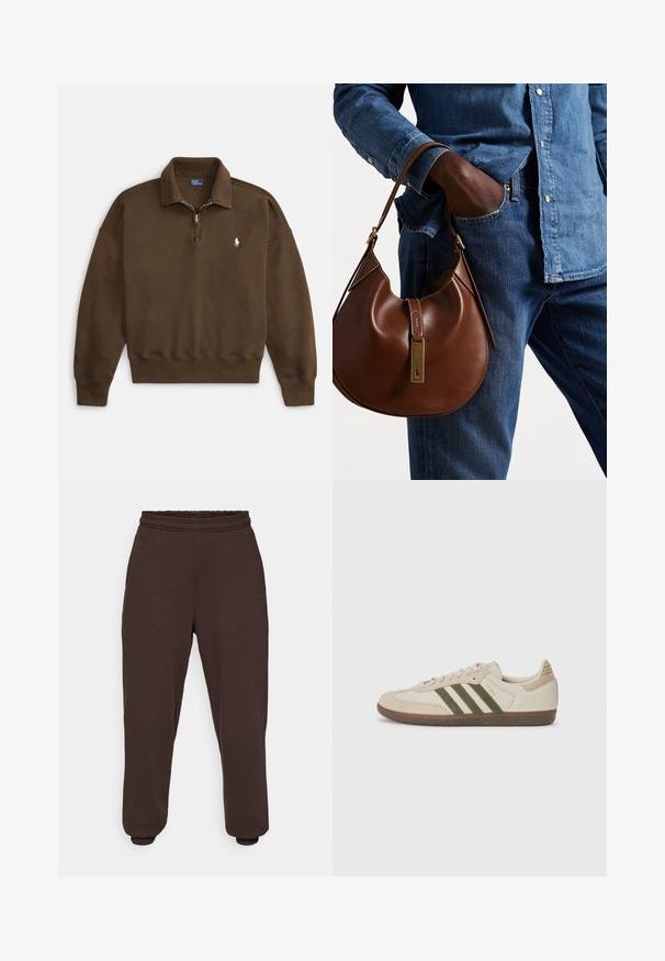 Rudos spalvos megztinis su užtrauktuku prie kaklo, ribbed rankogaliai ir apačia, su mažu baltu logotipu kairėje krūtinės pusėje. Minkšta, tekstūruota medžiaga.; Tamsiai rudi sportiniai keliaivi, pagaminti iš švelnaus audinio, su elastinga juosmens juostele ir elastiniais rankogaliais ties kulkšnimis. Minimalistinis dizainas, be raštų.; adidas Originals SAMBA OG UNISEX - Sportbačiai - alumina/medium dark khaki/gum; Ruda odinė hobo kuprinė su suapvalinta forma, turinti auksinius aksesuarus ir kontrastingą siuvinėjimą. Derinama su džinsiniu marškinėliu ir džinsais.