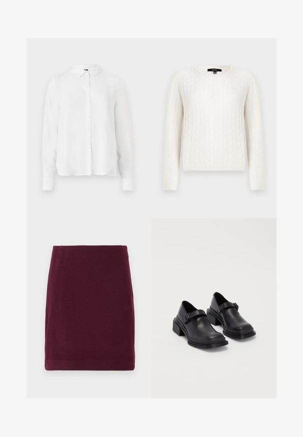 White cable-knit sweater featuring long sleeves, a round neckline, and a decorative pearl accent at the collar. Soft texture and fitted design.; Long-sleeve white shirt featuring a button-down front, classic collar, and smooth fabric with a slightly loose fit.; Vero Moda VMFORTUNALLISON SHORT - A-line skirt - winetasting; Black leather shoes with a rounded toe, flat sole, and a strap with a buckle detail. Chunky block heel for added stability.