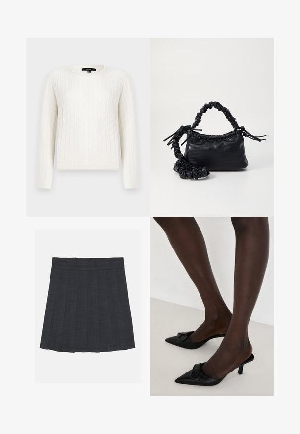 Pull en maille blanche avec des manches longues, un col rond et un accent décoratif en perles au niveau du col. Texture douce et design ajusté.; Jupe plissée gris foncé avec une taille élastique, dotée d'un tissu texturé et d'une silhouette A-line classique. Convient pour une tenue décontractée.; Mules noires à bout pointu en cuir lisse, avec un accent en noeud sur le devant et un petit talon fin.; Sac à main en simili cuir noir avec une texture crocodile, un dessus resserré et une sangle froncée. A l'apparence douce et compacte.