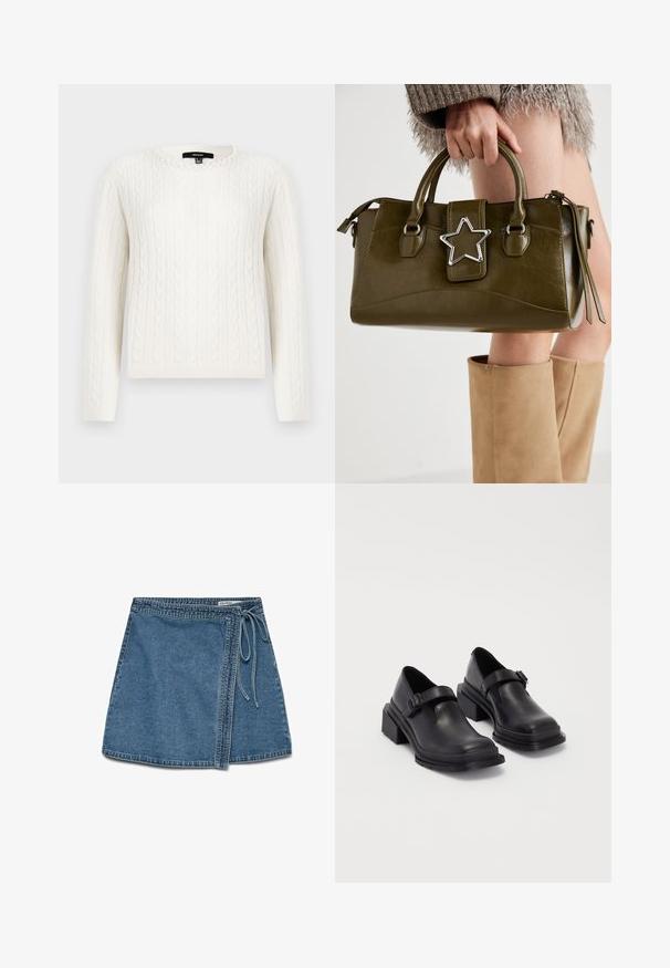 Fehér, kötött pulóver, hosszú ujjal, kerek dekoltázzsal és dekoratív gyöngyös díszítéssel a galléron. Puha tapintású és testhezálló fazon.; Világoskék farmer rakott szoknya, derékra köthető, egyenes szabású és sima tapintású. Nincsenek látható minták vagy díszítések.; Fekete bőr cipők lekerekített orral, lapos talppal és csattal díszített pánttal. Masszív blokk talp a megnövelt stabilitásért.; Olívazöld műbőr kézitáska ezüst csillag díszítéssel, dupla fogantyúval és cipzáros zárással. Texturált felület és formázott alak.