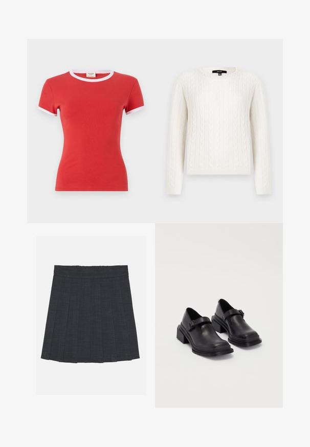 Hvit kabelstrikket genser med lange ermer, rund hals, og dekorativ perleaccent ved kragen. Myk tekstur og tettsittende design.; Rød bomull t-skjorte med et tettsittende design, med hvit kanting ved mannskapshalsen og korte ermer. Glatt tekstur, lett stoff.; Mørkegrå plissert skjørt med elastisk midje, med teksturert stoff og en klassisk A-linje silhuett. Passer for hverdagsbruk.; Sorte lærersko med rund tå, flat såle og en rem med spenne-detalj. Kraftig blokkhæl for bedre stabilitet.