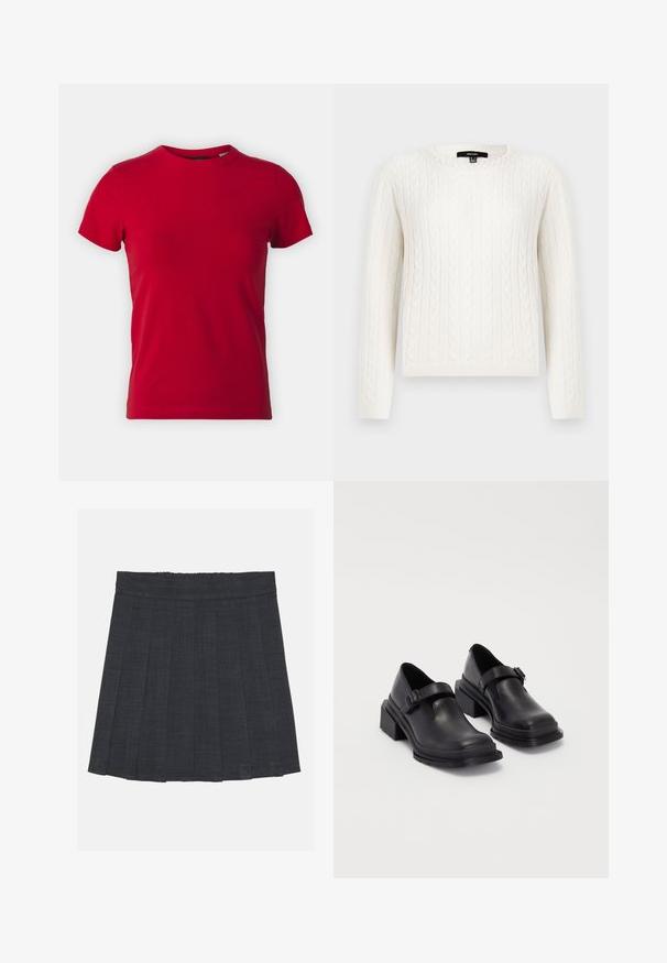 Valkoinen kabelineulepullovaihtoehto, jossa on pitkät hihat, pyöreä pääntie ja koristeellinen helmiyksityiskohta kauluksessa. Pehmeä tekstiili ja istuva muotoilu.; Punainen puuvillapaita, jossa on lyhyet hihat ja pyöreä kaula-aukko. Sileä rakenne, klassinen malli, ilman näkyviä kuvioita tai metalliosia.; Tummanharmaa laskostettu hame, jossa on joustava vyötärö, teksturoitu kangas ja klassinen A-linjainen siluetti. Sopii arkikäyttöön.; Mustat nahkakengät, joissa on pyöreä varvas, litteä pohja ja soljellinen hihna. Paksu lohkopohja lisää vakautta.