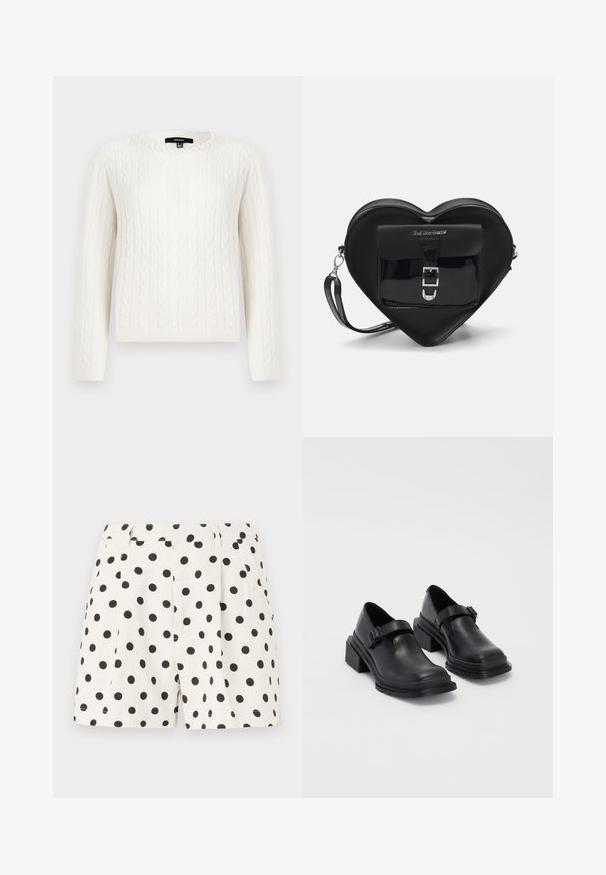 White cable-knit sweater featuring long sleeves, a round neckline, and a decorative pearl accent at the collar. Soft texture and fitted design.; White shorts made of linen with a black polka dot pattern. Features pleats and side pockets. Fitted waist with a clean finish.; Black leather shoes with a rounded toe, flat sole, and a strap with a buckle detail. Chunky block heel for added stability.; Black heart-shaped bag made of patent leather with a front pocket featuring a buckle closure and a detachable strap. Silver hardware accents.