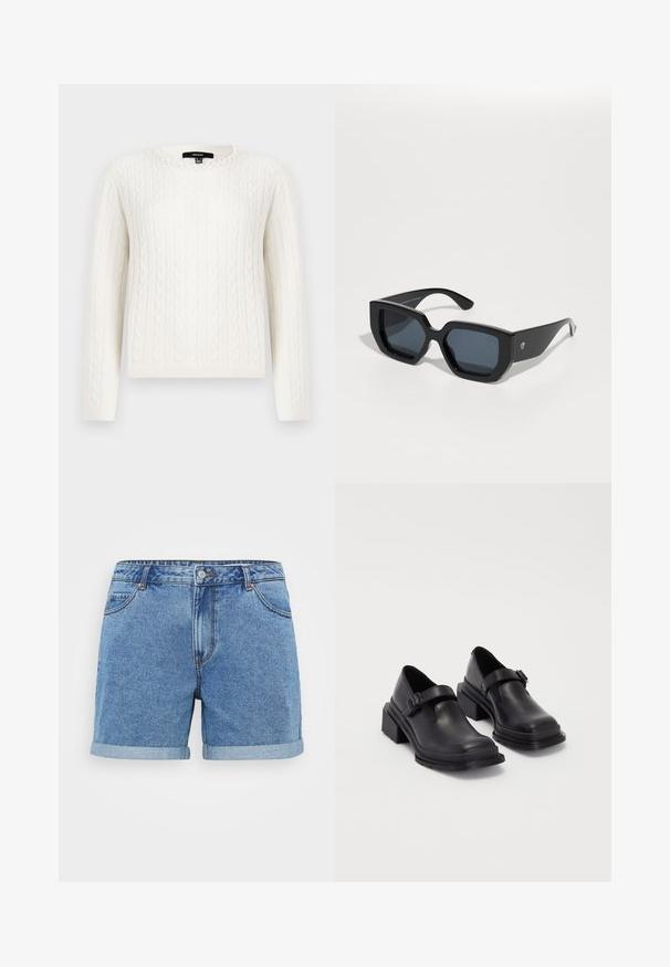 Biały sweter z splotem w warkocze, z długimi rękawami, okrągłym dekoltem i ozdobnym akcentem z pereł w okolicy kołnierza. Miękka tekstura i dopasowany krój.; Szorty dżinsowe w jasnoniebieskim kolorze, z podwiniętym dołem, pięcioma kieszeniami, zapięciem na guzik i przeszyciami. Wykonane z materiału bawełnianego.; Czarna skórzana obuwie z zaokrąglonym czubkiem, płaską podeszwą i paskiem z klamrą. Grubszy blokowy obcas dla dodatkowej stabilności.; Czarne, oversize okulary przeciwsłoneczne o geometrycznym wzorze, prostokątne soczewki i błyszczące wykończenie. Brak widocznych oznaczeń na przedniej części.; Srebrne kolczyki w formie kółek o gładkim, polerowanym wykończeniu. O okrągłym kształcie i pewnym zapięciu na klik. Lekka konstrukcja odpowiednia do codziennego noszenia.