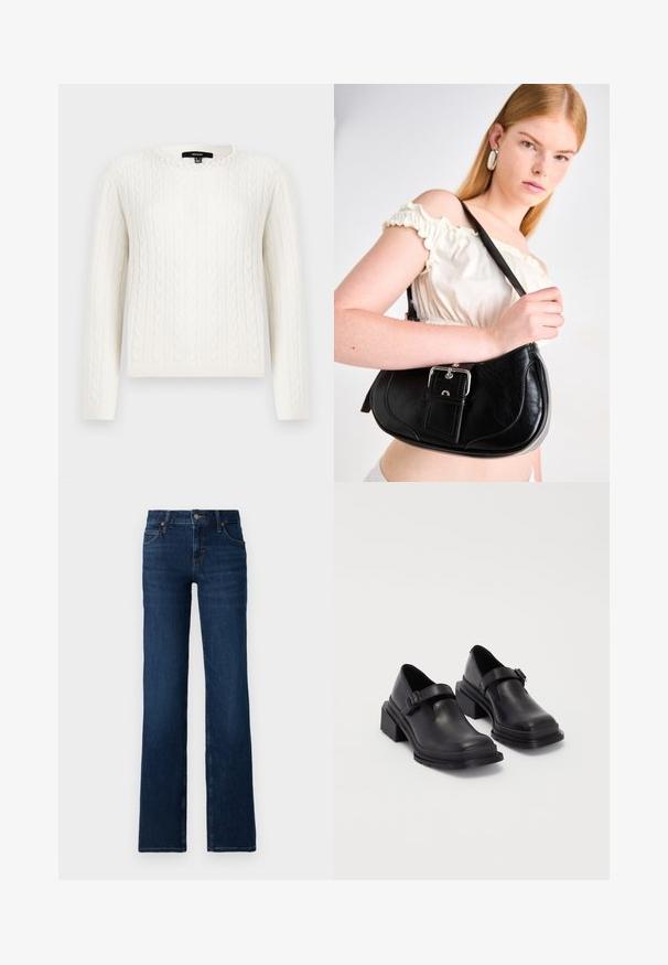 Bela pulover iz pletenine z dolgimi rokavi, okroglo ovratnico in okrasnim bisernim detajlom pri ovratniku. Mehka tekstura in prilagojen dizajn.; Temno modre zvonaste jeans hlače iz denima. Imajo šivani pas, pet žepov in zadrgo s kovinsko gumbasto zaponko.; Črne usnjene čevlje z zaobljenim nosom, ravnim podplatom in trakcem z zaponko. Debel blokasti petnik za dodatno stabilnost.; Črna usnjena torba za ramo s ukrivljeno obliko, sijoč srebrni okov, in snemljiva oznaka. Gladka tekstura z diskretno šivnimi detajli.