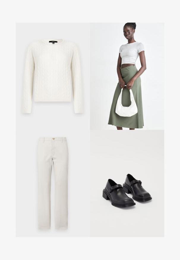 White cable-knit sweater featuring long sleeves, a round neckline, and a decorative pearl accent at the collar. Soft texture and fitted design.; Straight-leg beige trousers with belt loops, front button closure, and zip fly against a plain white background.; Black leather shoes with a rounded toe, flat sole, and a strap with a buckle detail. Chunky block heel for added stability.; Gray ribbed crop top and olive green high-waisted skirt. Model holds a white shoulder bag with cut-out detailing. Simple design, fitted silhouette.