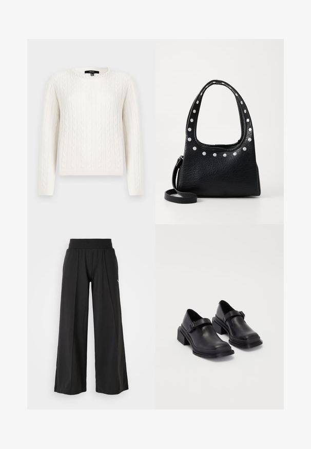 Biely sveter s pleteným vzorom, ktorý má dlhé rukávy, okrúhly výstrih a ozdobný perlový prvok na golieri. Mäkko sa nosí a je priliehavého strihu.; Čierne nohavice s širokými nohavicami z texturovanej tkaniny, elastický pás a akcent s logom PUMA. Jednoduchý dizajn s voľným strihom.; Čierne kožené topánky s okrúhlou špičkou, plochou podrážkou a remienkom s detailom pracky. Hrubý blokový opätok pre väčšiu stabilitu.; Čierna kožená kabelka s textúrou a striebornými cvokmi pozdĺž hornej hrany a na uchách, so krátkym uchom a odnímateľným popruhom.