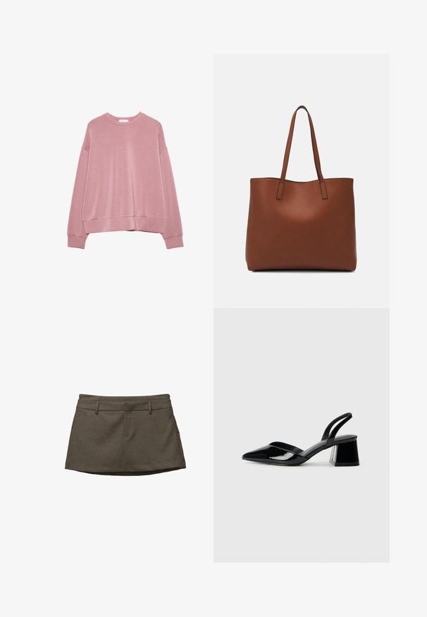 Lichtroze langekogige sweatshirt met ronde hals, met verlaagde schouderlijnen en ribgebreide manchetten en boord.; Bruine rok met een getailleerd ontwerp, voorzien van riemlusjes, twee voorzakken en een gestructureerde stof. De zoom is iets gebogen.; Zwarte gepatineerde leren slingback hakken met een spitse neus en een geometrische blokhak. Kenmerkt zich door een slank, minimalistisch ontwerp en een gladde textuur.; Bruine leren tote bag met een gladde textuur, een ontwerp met een open bovenkant en twee schouderbanden. Kenmerkt zich door minimale stiksels en geen zichtbare hardware.