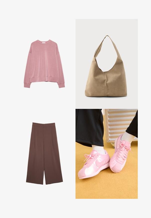 Svetlo roza dolgi rokavi pulover s krožnim izrezom, z spuštenimi rameni ter rebrastimi manšetami in robom.; Rjave široke hlače z gladko teksturo, ki imajo visok pas in sprednje naborke. Tkanina je lahka in prosto pada.; Nike Sportswear CORTEZ SE TREND - Športni copati - med soft pink/pink ice; Hobo torba iz mehkega bež nubuka z ohlapno obliko, širokim ramenskim trakom in ročno šivanim šivom po sprednji strani.