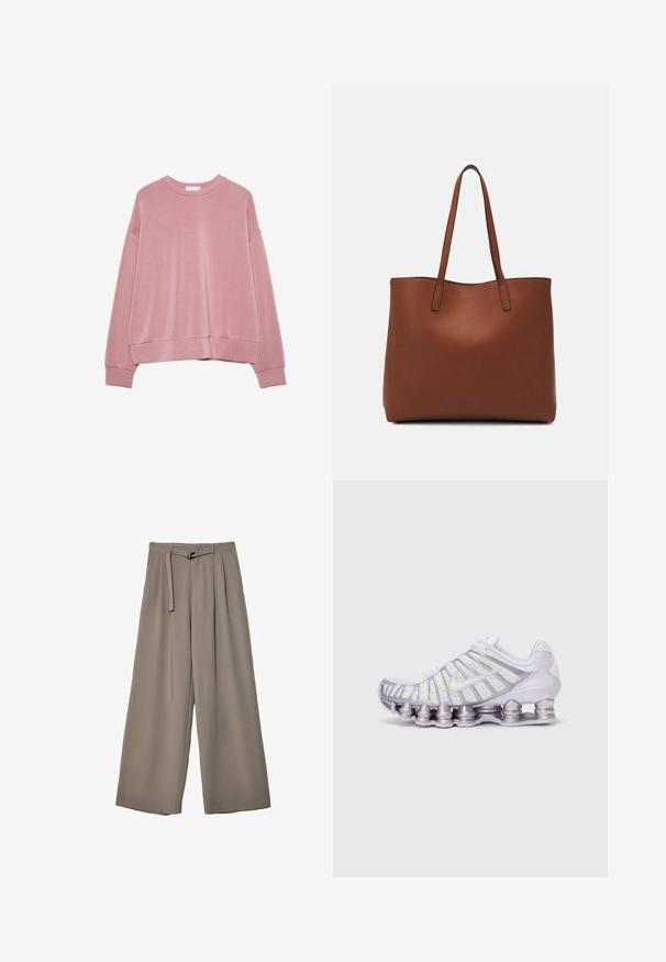 Sweatshirt à manches longues rose clair avec col rond, épaules tombantes et poignets et ourlet côtelés.; Pantalons évasés en tissu gris doux et muted, avec une taille ceinturée et des plis pour un détail de design supplémentaire. Texture lisse, sans motifs.; Chaussure de sport blanche et violette avec un dessus en mesh, un design de vague distinctif et de grandes poches de rembourrage arrondies dans la semelle.; Sac fourre-tout en cuir marron avec une texture lisse, design à ouverture supérieure et deux poignées pour le porter à l'épaule. Présente des coutures minimales et aucun matériel visible.