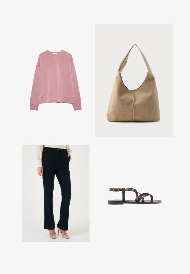 Jasnoróżowy długi rękaw crewneck z opadającymi ramionami oraz ściągaczami przy mankietach i u dołu.; Granatowe spodnie o dopasowanym kroju z gładką fakturą, prostymi nogawkami, kieszeniami z przodu i zapięciem na guzik, zestawione z metalicznymi szpilkami.; Brązowe skórzane sandały z krzyżującymi się paskami, zapięciem na klamrę przy kostce oraz płaską podeszwą z minimalnymi detalami szycia.; Torba hobo w miękkim beżowym zamszu o luźnym kształcie, szerokim pasku na ramię i ręcznie szytym szczególe na przedzie.