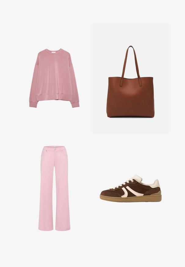 Hellrosa Langarm-Crewneck-Sweatshirt mit überschnittenen Schultern sowie gerippten Bündchen und Saum.; Rosafarbene weite Hosen aus weichem Baumwollmischgewebe. Mit zwei Vordertaschen, einem Knopfverschluss und einem mittelhohen Bund.; Braune Wildleder-Sneaker mit cremefarbenen Akzenten, runder Zehenpartie, Schnürverschluss und strukturiertem Gummisohle. Seitenlogo in kontrastierender Farbe.; Braune Leder-Tote mit glatter Textur, offenem Oberteil und zwei Schulterriemen. Verfügt über minimale Nähte und keine sichtbaren Beschläge.