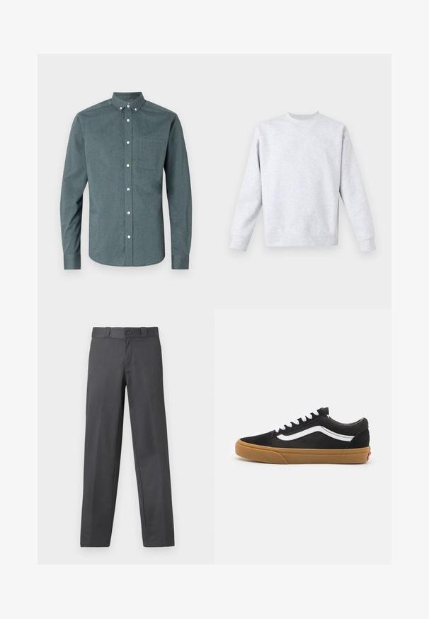Felpa grigia chiara realizzata in un tessuto morbido, con collo rotondo, maniche lunghe e polsini e orlo a coste. Design minimalista senza fantasie.; Camicia button-up in verde scuro, maniche lunghe, colletto button-down, taschino singolo sul petto, con bottoni bianchi e tessuto testurizzato.; Pantaloni grigi in tessuto liscio, con design a gamba dritta, chiusura con bottone e passanti per cintura; cuciture minime e nessun motivo.; Sneakers in camoscio nero con striscia laterale bianca, lacci bianchi e suola in gomma marrone. Design classico low-top con accenti testurizzati e punta arrotondata.