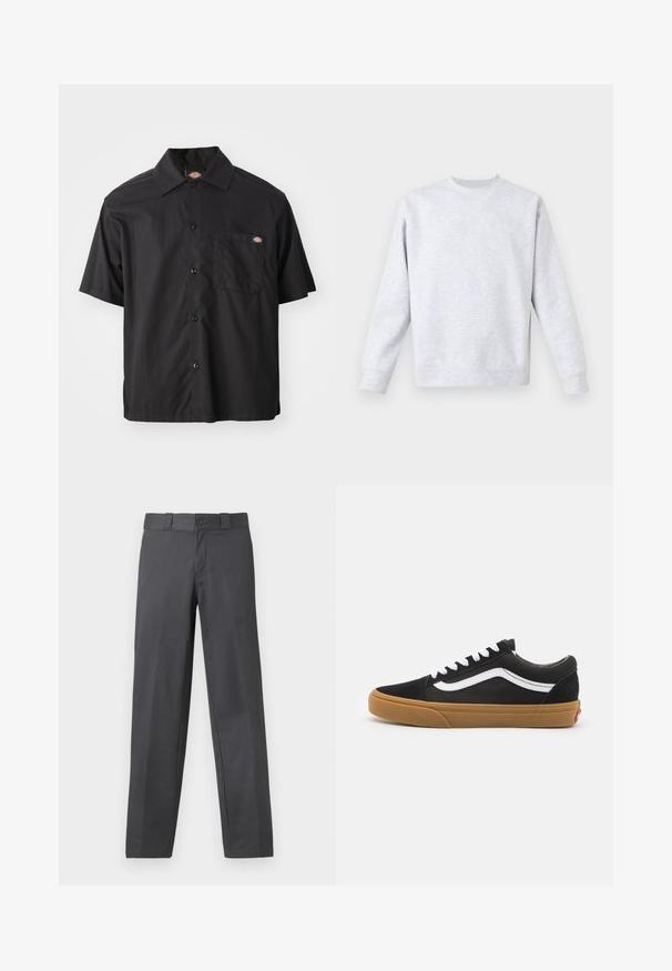 Gaiši pelēks džemperis, izgatavots no mīkstas auduma, ar apaļu kakla izgriezumu, garām piedurknēm un ribotām aprocēm un apakšmalu. Minimālisma dizains bez rakstiem.; Melna īsām piedurknēm pogājama krekls izgatavots no kokvilnas, kam ir viena krūšu kabata un logotipa uzplecs. Gluda tekstūra un brīva piegriezuma modelis.; Pelēki bikses no gludas auduma ar taisnu kāju dizainu, pogu aizdari un jostu cilpiņām; minimāli šuvumi un bez rakstiem.; Melnas zamšādas kedas ar baltu sānu svītru, baltām šņorēm un gumijas zoli. Klasisks zema profila dizains ar tekstūru akcentiem un noapaļu purngali.