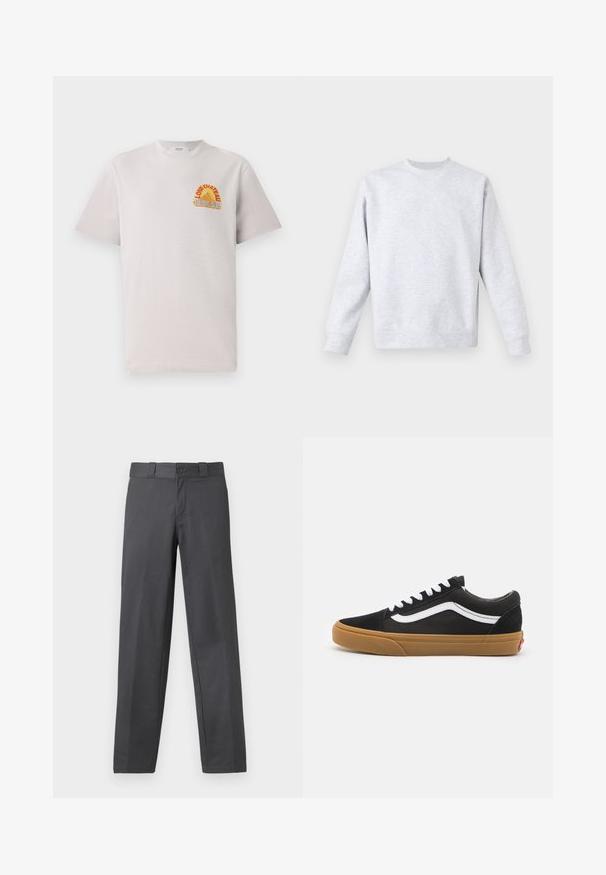 Svetlo sivi pulover iz mehkega materiala, z okroglim izrezom, dolgimi rokavi in žabicami ter robom. Minimalističen dizajn brez vzorcev.; Svetlo siva bombažna majica s krojem, ki ima barvit grafični motiv "Lone Château Replay" v oranžni in modri barvi na prsih.; Sive hlače iz gladkega materiala, s straight-leg dizajnom, gumbom za zapiranje in zankami za pas; minimalni šivi in brez vzorcev.; Črne semiš superge z belim bočnim trakom, belimi vezalkami in gumijastim podplatom. Klasična nizka zasnova z teksturiranimi detajli in zaobljenim nosom.