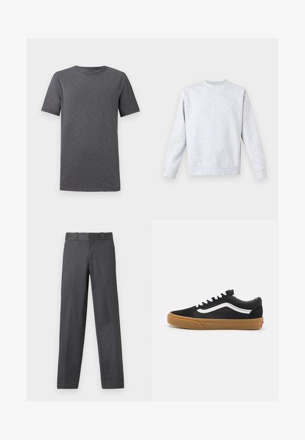 Šviesiai pilkas džemperis, pagamintas iš minkštos medžiagos, su apvalia kaklo iškirpte, ilgomis rankovėmis, bei gumuotais rankogaliais ir apačia. Minimalistinio dizaino, be raštų.; Pilkas trumpas rankovės marškinėliai, eksponuojami prieš baltą foną, su apvaliu iškirpimu ir paprastu, kasdieniu dizainu.; Pilkos kelnes, pagamintos iš lygios medžiagos, tiesaus kirpimo, su mygtuko užsegimu ir dirželių kilpomis; minimalūs siūlės ir be raštų.; Juodos zomšinės sportbačiai su balta šonine juostele, baltomis raišteliais ir guminiu padu. Klasikinis žemas dizainas su tekstūruotais akcentais ir apvaliu nosiu.