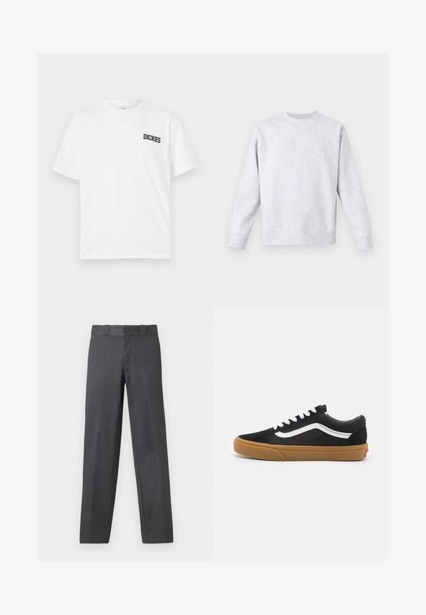 Merser gri deschis dintr-un material moale, cu guler rotund, mâneci lungi și manșete și tiv cu model în relief. Design minimalist, fără modele.; Tricou alb cu mânecă scurtă, fabricat din bumbac. Are un guler rotund și un mic logo negru "DICKIES" în zona stângă a pieptului.; Pantaloni gri, dintr-un material neted, cu un design drept, închidere cu nasture și bucle pentru curea; cusături minime și fără modele.; Adidași din suede negru cu dungi albe pe lateral, șireturi albe și talpă din cauciuc natural. Design clasic de tip low-top cu accente texturate și vârf rotunjit.