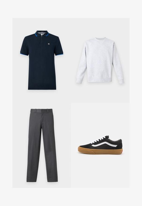 Svijetlo siva dukserica od mekanog materijala, sa okruglim izrezom, dugim rukavima te rebrastim manžetama i donjim rubom. Minimalistički dizajn bez uzoraka.; Polo majica tamnoplave boje izrađena od glatkog materijala, sa zip ovratnikom, kratkim rukavima s plavim akcentima i malim logom na grudima.; Sive hlače od glatkog materijala, sa ravnim krojem, kopčanjem na dugme i ušicama za remen; minimalni šavovi i bez uzoraka.; Crne suède tenisice s bijelim bočnim crtama, bijelim vezicama i gumiranim potplatom. Klasičan niskoprofilni dizajn s teksturiranim detaljima i zaobljenim vrhom.