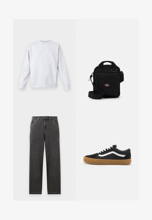 Svijetlo siva dukserica od mekanog materijala, sa okruglim izrezom, dugim rukavima te rebrastim manžetama i donjim rubom. Minimalistički dizajn bez uzoraka.; Tamno sivi traperice s ravnim krojem, s kontrastnim bijelim šavovima, kopčanjem na gumb i bočnim džepovima.; Crne suède tenisice s bijelim bočnim crtama, bijelim vezicama i gumiranim potplatom. Klasičan niskoprofilni dizajn s teksturiranim detaljima i zaobljenim vrhom.; Crna crossbody torba s zatvorenim džepom, pravokutnog oblika, izrađena od tkanine, s logom na prednjoj strani, podesivim remenom za rame.