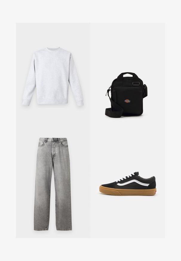 Lys grå sweatshirt lavet af blødt stof, med rund hals, lange ærmer og ribbede manchetter og kant. Minimalistisk design uden mønstre.; Grå vidde jeans lavet af denim. Har en høj talje, fem lommer og en knap- og lynlåslukning. Subtil falmning på stoffet.; Sorte ruskind sneakers med hvid stribe på siden, hvide snørebånd og gummisål. Klassisk lavtopdesign med teksturerede detaljer og rund tå.; Sort crossbody taske med en lynlåslomme, rektangulær form, lavet af stof, med et logo patch på forsiden, justerbar skulderrem.