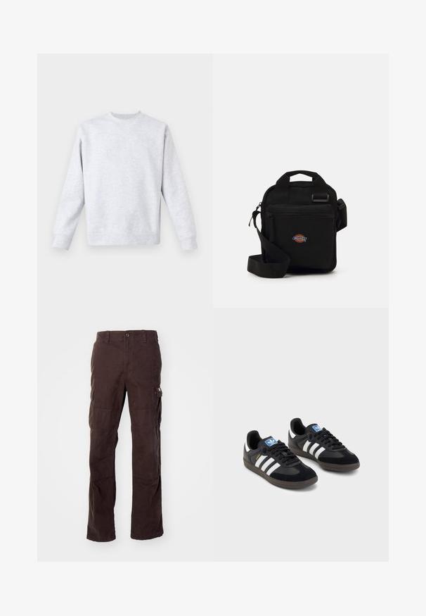 Svetle šedý svetr vyrobený z měkké látky, s kulatým výstřihem, dlouhými rukávy a žebrovanými manžetami a lemem. Minimalistický design bez vzorů.; Hnědé cargo kalhoty vyrobené z pevné bavlněné látky, s bočními kapsami, uvolněným střihem a rovnými nohavicemi se viditelnými švy.; Černé tenisky s vrškem z semiše a syntetického materiálu, s třemi bílými pruhy, texturovanou gumovou podrážkou a modrou nášivkou loga na jazyku.; Černá crossbody taška se zipovou kapsou, obdélníkový tvar, vyrobená z látky, s logem na přední straně, nastavitelné ramenní popruhy.; Pět stříbrných prstenů: jeden s černým kulatým detailem, jeden s bílým a černým geometrickým vzorem, a další s různými tvary a povrchy.