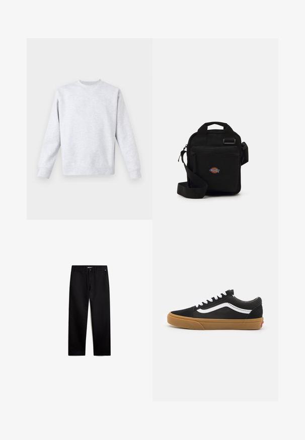 Light gray sweatshirt made of soft fabric, featuring a crew neck, long sleeves, and ribbed cuffs and hem. Minimalist design with no patterns.; Black cotton trousers with a straight fit, zipper fly, and front pockets. Smooth texture, no visible patterns, and minimal hardware.; Black suede sneakers with white side stripe, white laces, and gum rubber sole. Classic low-top design with textured accents and rounded toe.; Black crossbody bag with a zippered pocket, rectangular shape, made of fabric, featuring a logo patch on the front, adjustable shoulder strap.