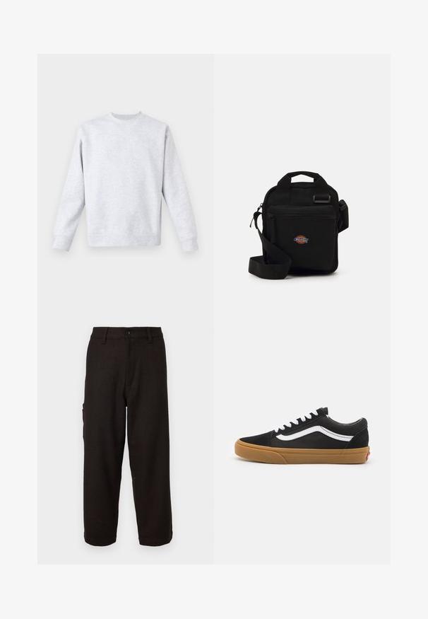 Light gray sweatshirt made of soft fabric, featuring a crew neck, long sleeves, and ribbed cuffs and hem. Minimalist design with no patterns.; Black pants with a herringbone pattern, a straight cut, button closure, and side pockets for functionality. Soft texture, tailored fit.; Black suede sneakers with white side stripe, white laces, and gum rubber sole. Classic low-top design with textured accents and rounded toe.; Black crossbody bag with a zippered pocket, rectangular shape, made of fabric, featuring a logo patch on the front, adjustable shoulder strap.