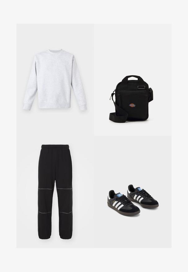 Ljusgrå sweatshirt gjord av mjukt tyg, med rund hals, långa ärmar och ribbade muddar och nederkant. Minimalistisk design utan mönster.; Svarta sweatpants med elastiskt midjeband, med kontrasterande grå sömmar och mudd. Designen inkluderar två horisontella sömmar på varje ben.; Svarta sneakers med övre del av mocka och syntetmaterial, med tre vita ränder, texturerad gummisula och blå logotags på tungan.; Svart tvärs över kroppen-väska med ett dragkedjefack, rektangulär form, tillverkad av tyg, med en logotypapplikation på framsidan, justerbar axelrem.; Fem silveringar: en med en svart, cirkulär detalj, en med ett vitt och svart geometriskt mönster, och andra med olika former och ytbehandlingar.