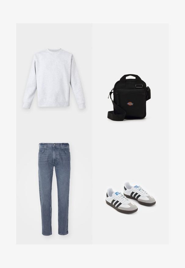 Vaaleanharmaa svetari, joka on valmistettu pehmeästä kankaasta. Siinä on pyöreä kaula-aukko, pitkät hihat sekä ribbaatut hihansuunkohdat ja helma. Minimalistinen muotoilu ilman kuvioita.; Siniset farkut suoran lahkeiden muotoilulla, joissa on nappi- ja vetoketjukiinnitys, etutaskut sekä hienovaraisia haalistumia kankaassa.; Urheilukengät, joissa on valkoinen nahkainen päällinen, harmaa mokkanokka ja kolme mustaa raitaa. Ominaisuuksina sininen logo kielekkeessä ja kuvioitu kumipohja.; Musta olkakohtainen laukku, jossa on vetoketjullinen tasku, suorakaiteen muotoinen, kangasta, etupuolella logopatchi, säädettävä olkahihna.