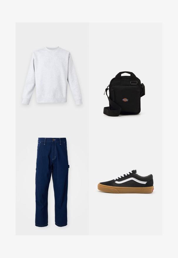 Heled hall sweatshirt pehmeast kangast, ümar kaelus, pikad varrukad ning soonikuga mansetid ja äär. Minimalistlik disain, ilma mustrita.; Tumed sinised sirged denimpüksid valge õmblusega, vööloopidega, eesmistest taskutest ja külgseadmest mis on valge taustaga.; Mustad nubukist sneakerid valge külgriba, valged paelad ja kummi kummipõhi. Klassikaline madal disain tekstuursete aktsentidega ja ümar peatoe.; Mustmust kott, millel on lukuga tasku, ristküliku kujuline, valmistatud kangast, esiküljel logotäht ja reguleeritav õlarihm.