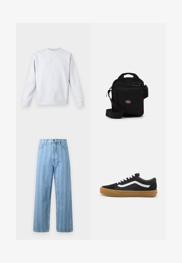 Sweatshirt gris clair en tissu doux, avec un col rond, des manches longues et des poignets et un ourlet à côtes. Design minimaliste sans motifs.; Jean en denim bleu clair avec une coupe large, arborant un motif chaîne répétitif. Style classique à cinq poches avec détails en métal sur le bouton.; Baskets en daim noir avec une rayure blanche sur le côté, lacets blancs et semelle en caoutchouc beige. Design classique basse avec des accents texturés et un bout arrondi.; Sac à bandoulière noir avec une poche zippée, de forme rectangulaire, fabriqué en tissu, avec un patch logo à l'avant, bandoulière réglable.