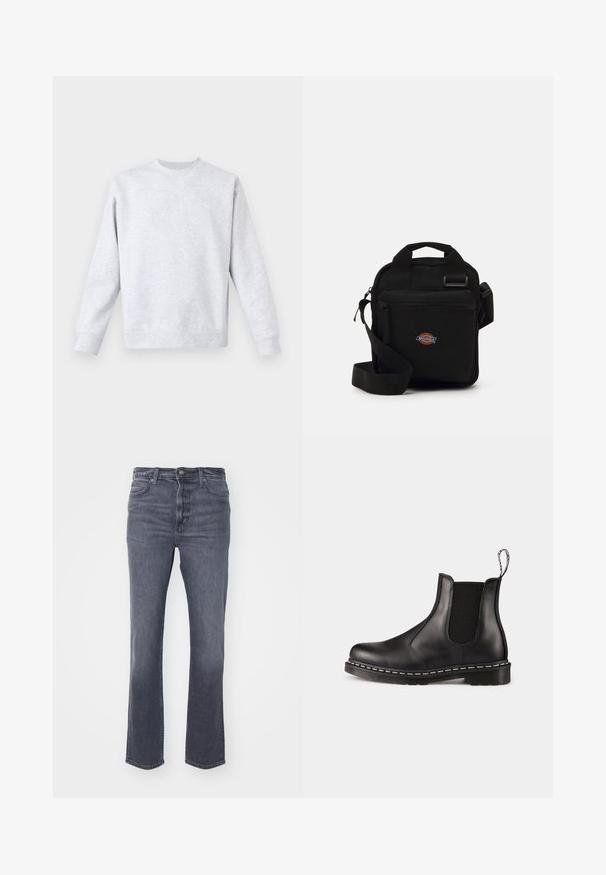 Felpa grigia chiara realizzata in un tessuto morbido, con collo rotondo, maniche lunghe e polsini e orlo a coste. Design minimalista senza fantasie.; Jeans in denim grigio con taglio dritto, design a cinque tasche, leggere sfumature, chiusura con bottone e zip, e vita classica.; Stivale Chelsea in pelle nera con pannelli laterali elasticizzati, punta arrotondata, fascia per il richiamo, cuciture bianche sulla suola e suola in gomma texturizzata.; Borsa a tracolla nera con tasca con zip, forma rettangolare, realizzata in tessuto, con una patch del logo sul davanti e spallaccio regolabile.