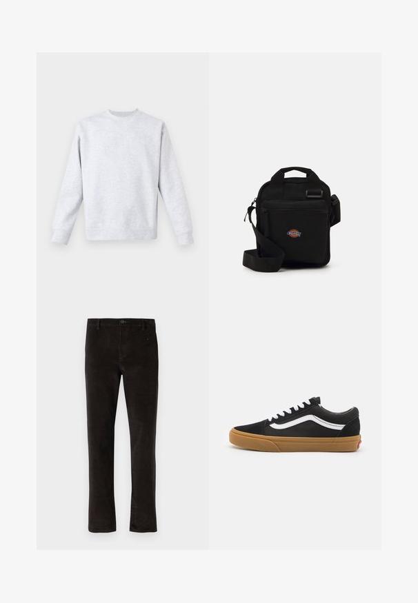 Felpa grigia chiara realizzata in un tessuto morbido, con collo rotondo, maniche lunghe e polsini e orlo a coste. Design minimalista senza fantasie.; Pantaloni in corduroy neri con design a gamba dritta, caratterizzati da una chiusura a un bottone e una texture sottile. Stile minimalista senza motivi visibili.; Sneakers in camoscio nero con striscia laterale bianca, lacci bianchi e suola in gomma marrone. Design classico low-top con accenti testurizzati e punta arrotondata.; Borsa a tracolla nera con tasca con zip, forma rettangolare, realizzata in tessuto, con una patch del logo sul davanti e spallaccio regolabile.