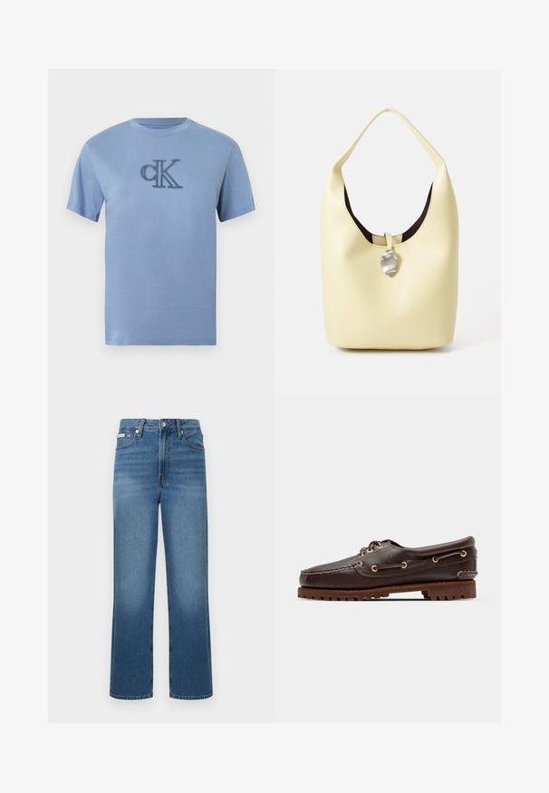Hanorac negru din țesătură moale, cu guler rotund și mâneci lungi. Un logo argintiu „cK” este centrat pe piept.; Tricou bleu deschis cu mâneci scurte, din bumbac, cu un logo "cK" brodat pe față. Guler rotund și croială standard.; Blugi albastri din denim, talie inalta, croiala dreapta, cu decolorari usoare, buzunare frontale, inchidere cu nasturi si curele pentru centura. Textura neteda si design clasic.; Șlapi de punt pe culoare maro din piele, cu ochiuri aurii, șireturi rotunde și o talpă texturată din cauciuc maro. Prezintă detalii cusute și un logo ridicat.; Geantă hobo din piele galbenă moale, cu o formă rotundă. Prezintă un finisaj neted, căptușeală interioară întunecată și un accent de argint la închidere.