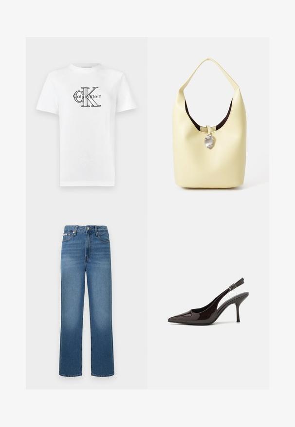 Juodas džemperis, pagamintas iš minkštos medžiagos, su klasikine apykakle ir ilgomis rankovėmis. Ant krūtinės centre yra sidabrinis "cK" logotipas.; Balta medvilninė marškinėliai su juodu „Calvin Klein“ logotipu, kuriame ryškiai matomi inicialai „CK“. Trumpomis rankovėmis ir klasikinio stiliaus apvalia iškirpte.; Aukšto liemens, tiesaus kirpimo mėlynos spalvos džinsai su šviesiu išblukimu, priekinėmis kišenėmis, sagos užsegimu ir diržo kilpomis. Lygios tekstūros ir klasikinio dizaino.; Blizganti tamsiai ruda lakinės odos aukšto kulno bateliai, smailus nosis, atviros šoninės dalys ir reguliuojamas kulkšnies dirželis.; Hobo tipo kuprinė iš minkštos gelsvos odos su apvalia forma. Ypatinga lygia tekstūra, tamsiu pamušalu ir sidabro spalvos akcentu uždarymui.