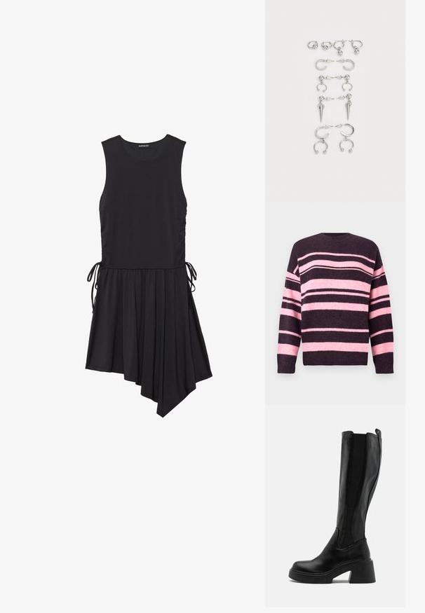 Gestreifter Pullover in Dunkellila und zartem Rosa, mit breiten horizontalen Streifen, rundem Ausschnitt und gerippten Bündchen. Hergestellt aus strukturiertem Strickmaterial.; Schwarzes ärmelloses Kleid aus weichem Stoff; mit einem gerafften, asymmetrischen Saum und seitlichen Bändern für eine verstellbare Passform.; Knöchelhohe schwarze Stiefel aus glattem Leder, mit elastischen Seitenpaneelen und einem klobigen, gestuften Absatz. Minimalistisches Design ohne Muster.; Set von silbernen Ohrringen mit verschiedenen Designs: Creolen, Stecker und hängende Stile, mit Kugelakzenten und spitzen Elementen.