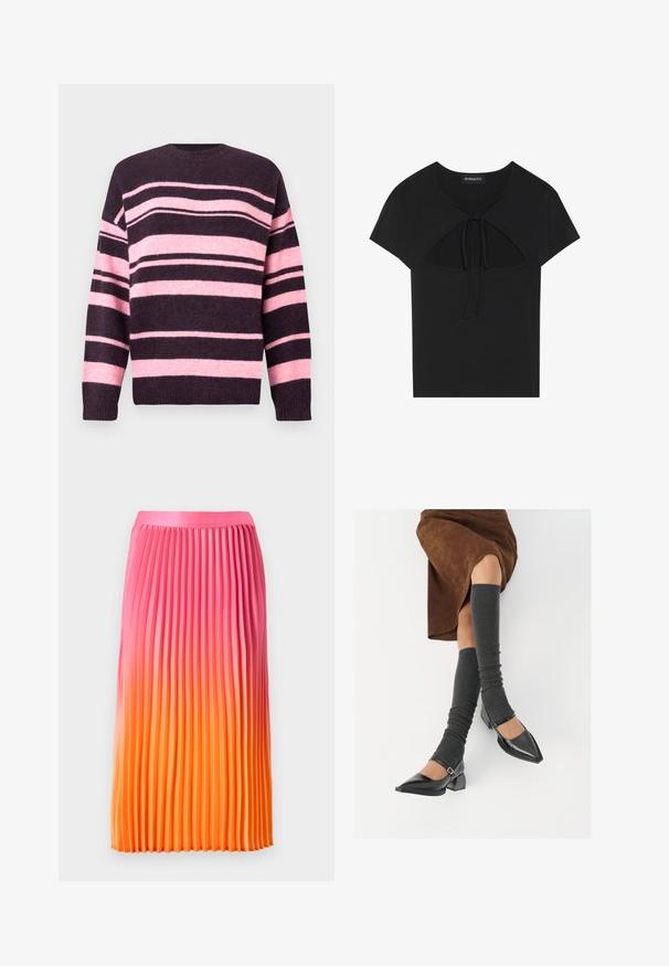 Raidallinen paita tumman violetin ja vaaleanpunaisen sävyissä, leveillä vaakaraitoja, pyöreä pääntie ja resorit hihansuissa. Valmistettu teksturoidusta neulospinta-materiaalista.; Musta lyhythihainen paita, jossa on pyöreä pääntie, leikkaus yksityiskohtana ja nauhakiinnitys edessä. Valmistettu pehmeästä ja kevyestä kankaasta.; Pleated skirt with a gradient from pink to orange, featuring a smooth waistband and flowing design, made from lightweight fabric.; Musta lakattu nahkakengät teräväkärkisillä, leveällä kantapäällä ja nilkkahihnalla, yhdistettynä harmaisiin ribattuihin säärystimiin ja ruskeaan mokkasiinimekkoon.