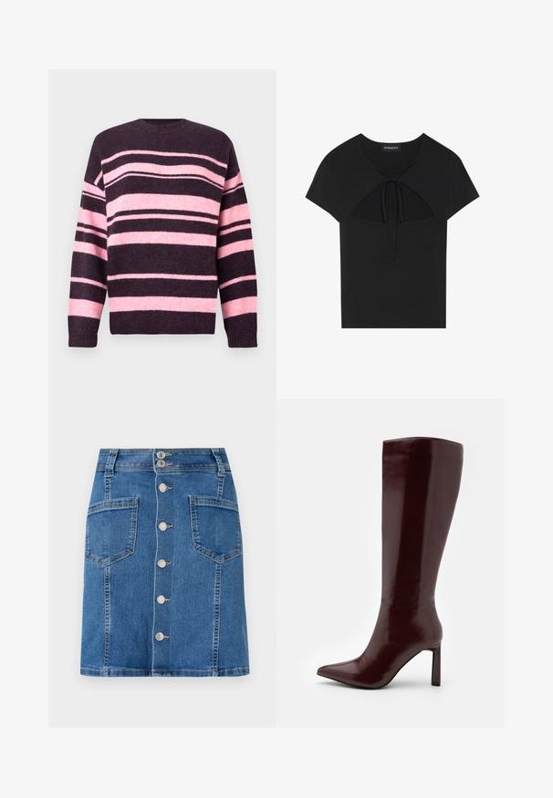 Camisola às riscas em roxo escuro e rosa suave, com riscas horizontais largas, decote redondo e punhos canelados. Feita de material malhado texturizado.; Top preto de mangas curtas com decote redondo, apresentando um detalhe recortado e fecho atado na parte da frente. Feito de tecido suave e leve.; Saia de jeans com cintura ajustada, formato em A e fecho frontal com botões. Apresenta dois bolsos grandes, em lavagem azul média com sutil desgaste.; Even&Odd Botas - dark red