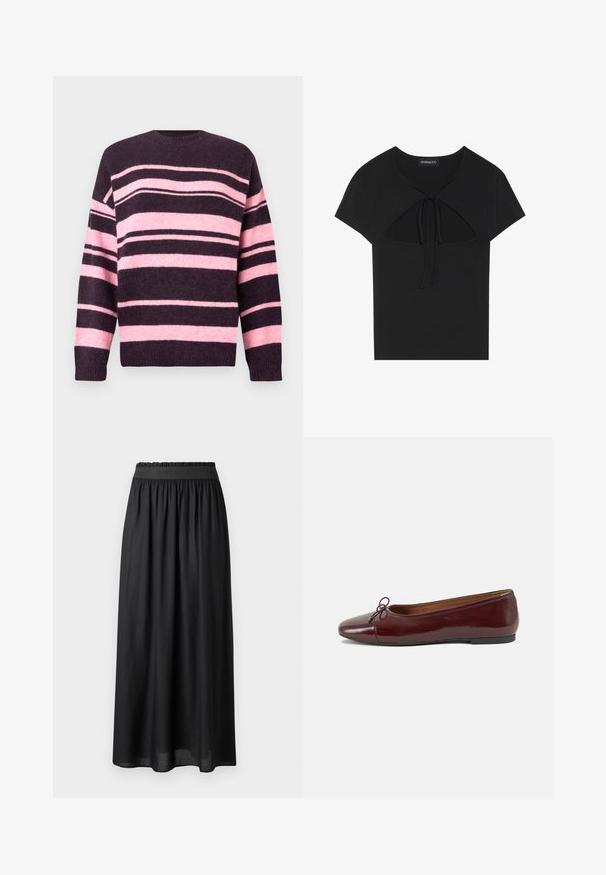 Pulover în dungi de culoare mov închis și roz pal, cu dungi orizontale late, decolteu rotund și manșete tricotate. Confecționat dintr-un material tricotat texturat.; Top negru cu mâneci scurte și decolteu rotund, prezentând un detaliu decupat și închidere cu fundiță în față. Confeționat dintr-un material moale și ușor.; Fustă neagră de lungime medie, realizată dintr-un material ușor, cu un elastic în talie și o siluetă fluidă, având o textură netedă.; Balerini din piele patent burgund cu vârful rotund, accent de fundiță mică în față și talpă joasă din cauciuc negru. Textură netedă.