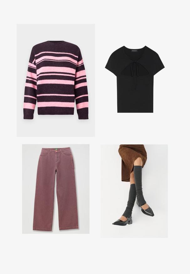 Randig tröja i mörklila och mjuk rosa, med breda horisontella ränder, rund halsringning och ribbade ärmslut. Tillverkad av texturerat stickat material.; Svart kortärmad topp med rund halsringning, med utskärning och knytning fram. Tillverkad av mjukt, lätt material.; Röda och blå randiga vida jeans med hög midja, fem fickor och orange sömnad. Har en grön varumärkesetikett på midjebandet.; Svarta lackläderskor med spetsig tå, blockklack och ankelrem, i kombination med grå ribbade benvärmare och en brun mockakjol.