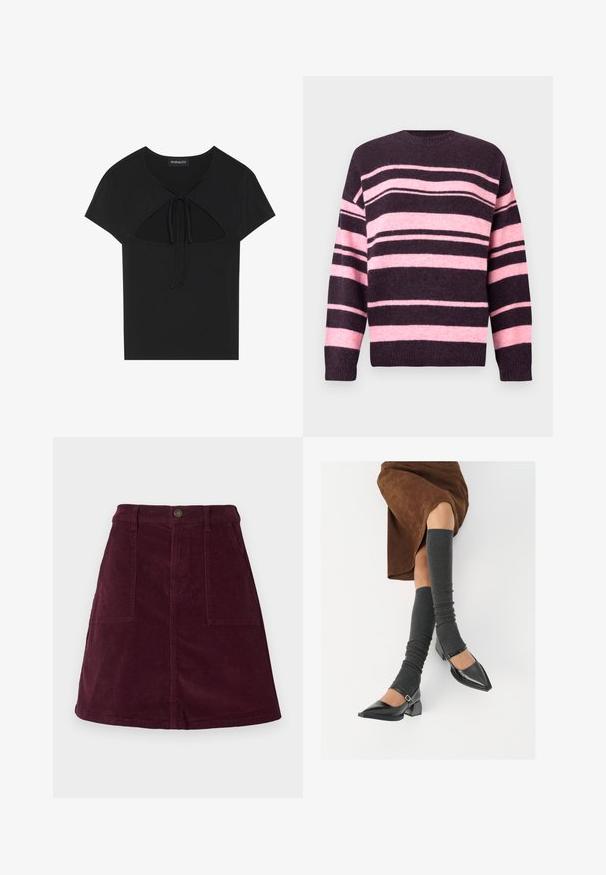 Camisola às riscas em roxo escuro e rosa suave, com riscas horizontais largas, decote redondo e punhos canelados. Feita de material malhado texturizado.; Top preto de mangas curtas com decote redondo, apresentando um detalhe recortado e fecho atado na parte da frente. Feito de tecido suave e leve.; Saia em veludo cotelê cor bordô com corte em linha A, com dois bolsos frontais, fecho com botão na cintura e superfície texturizada.; Sapatos pretos de pele lacada com biqueira pontuda, salto bloco e tiras no tornozelo, combinados com caneleiras cinzas em malha e uma saia de camurça castanha.