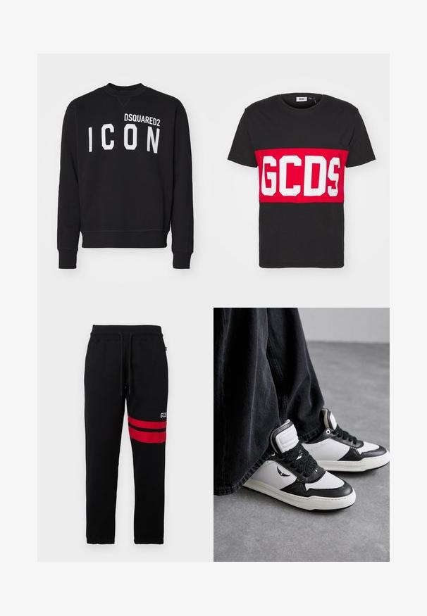 Svart sweatshirt gjord av mjukt material med rundad halsringning och långa ärmar. "DSQUARED2" och "ICON" tryckt i fetvita bokstäver.; GCDS BAND LOGO REGULAR - T-shirt med print - black; Svarta sweatpants med kontrasterande röda ränder och logotyp på sidan. Har en elastisk midja med dragsko och avsmalnande ankle cuffs.; Svartvita hög-top sneakers med strukturerad svart snördetalj, i läder och syntetmaterial, med en logotyp på sidan.